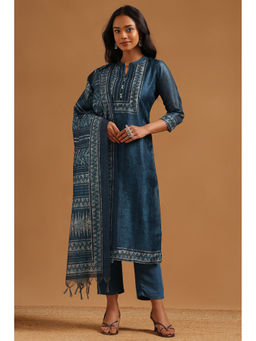 Soch - Indigo Printed Beads-Stones Work Kurta with Pant and Dupatta