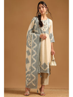 Soch - Off White Printed Beads-Stones Work Kurta with Pant and Dupatta
