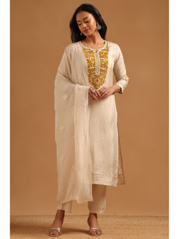 Soch - Cream Embroidered Thread Work Kurta with Pant and Dupatta