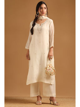 Soch - Off White Floral Embroidered Kurta with Palazzo and Dupatta