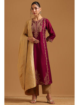 Soch - Wine Embroidered Thread Work Kurta with Pant and Dupatta