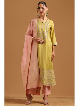 Soch - Yellow Embroidered Thread Work Kurta with Pant and Dupatta