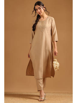 Soch - Beige Embroidered Beads-Stones Work Kurta with Pant