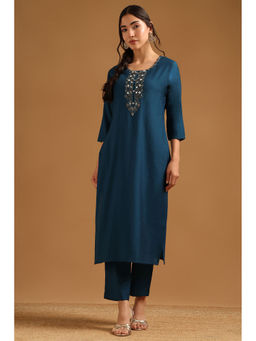 Soch - Navy Blue Embellished Beads-Stones Work Kurta with Pant