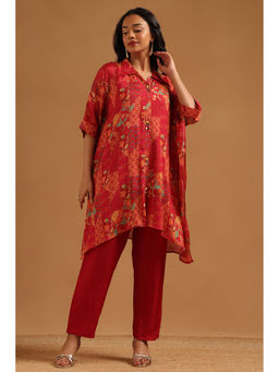 Soch - Red Floral Printed Kaftan with Inner Slip and Pant