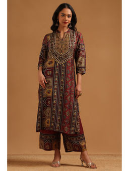 Soch - Maroon Printed Beads-Stones Work Kurta with Palazzo