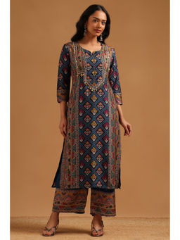 Soch - Navy Blue Printed Embellished-Sequined Work Kurta with Palazzo