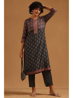 Soch - Charcoal Floral Mirror Work Kurta with Pant