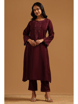 Soch - Burgundy Embroidered Sequined Work Kurta with Pant