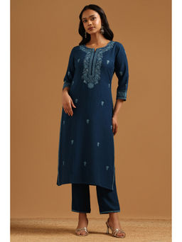 Soch - Navy Blue Floral Embroidered Kurta with Pant
