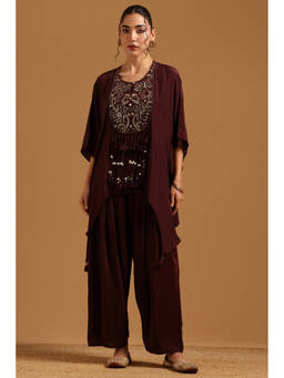 Soch - Maroon Embroidered Sequined Work Kaftan with Inner Slip and Pant