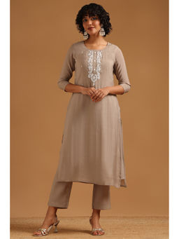 Soch - Taupe Embroidered Beads-Stones Work Kurta with Pant