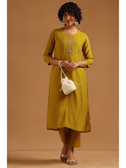 Soch - Mustard Embroidered Beads-Stones Work Kurta with Pant
