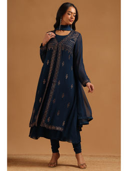 Soch - Navy Blue Embellished Flared Kurta with Churidar and Dupatta-Jacket