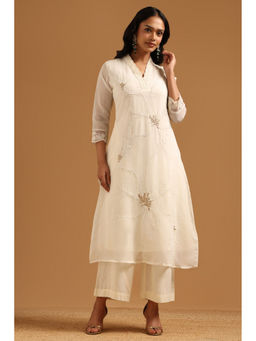 Soch - Off White Embroidered Beads-Stones Work Kurta with Palazzo