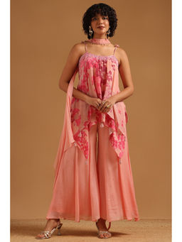 Soch - Pink Floral Beads Work Top with Unstitched Sleeves-Palazzo and Dupatta