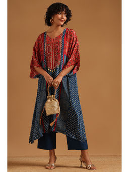 Soch - Navy Blue Printed Beads Work Kaftan with Pant