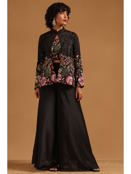 Soch - Black Floral Embroidered Crop Top with Jacket and Palazzo