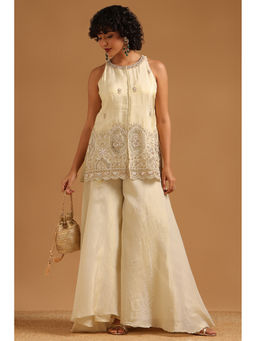 Soch - Cream Embroidered Beads-Stones Work Tunic with Unstitched Sleeves-Palazzo and Dupatta