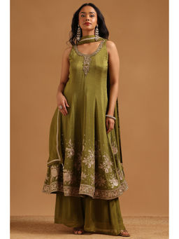 Soch - Olive Floral Embroidered Anarkali Kurta with Unstitched Sleeves-Palazzo and Dupatta