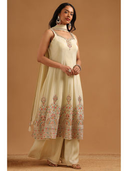 Soch - Cream Embroidered Anarkali Kurta with Unstitched Sleeves-Palazzo and Dupatta