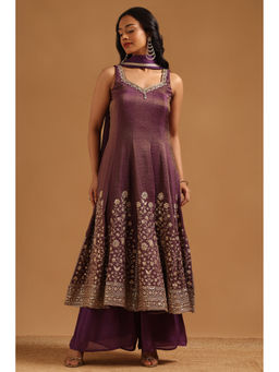 Soch - Purple Floral Embroidered Anarkali Kurta with Unstitched Sleeves-Palazzo and Dupatta