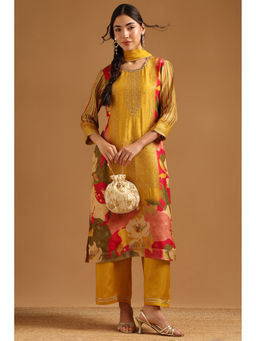 Soch - Mustard Floral Embellished-Sequined Work Kurta with Pant and Dupatta