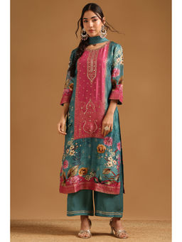 Soch - Teal Floral Embellished-Sequined Work Kurta with Palazzo and Dupatta