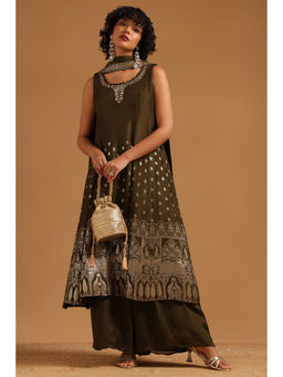 Soch - Olive Woven Beads-Stones Work Kurta with Unstitched Sleeves-Palazzo and Dupatta