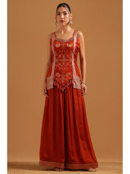 Soch - Rust Woven Tassels Tunic with Unstitched Sleeves-Palazzo and Dupatta