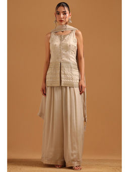 Soch - Beige Embroidered Sequined Work Tunic with Unstitched Sleeves-Palazzo and Dupatta