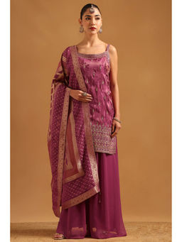 Soch - Wine Embroidered Mirror Work Kurta with Unstitched Sleeves-Palazzo and Dupatta