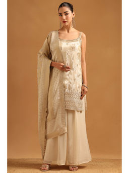 Soch - Off White Embroidered Mirror Work Kurta with Unstitched Sleeves-Palazzo and Dupatta