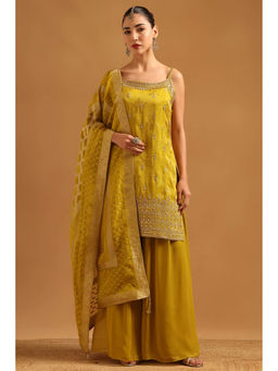 Soch - Mustard Embroidered Mirror Work Kurta with Unstitched Sleeves-Palazzo and Dupatta