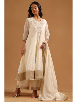 Soch - Cream Embroidered Mirror Work Anarkali Kurta with Palazzo and Dupatta