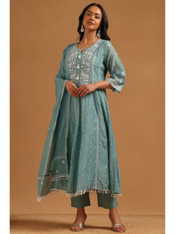 Soch - Teal Floral Embroidered Anarkali Kurta with Pant and Dupatta