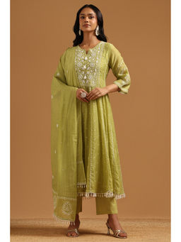 Soch - Green Floral Embroidered Anarkali Kurta with Pant and Dupatta