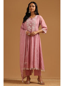 Soch - Pink Floral Embroidered Anarkali Kurta with Pant and Dupatta