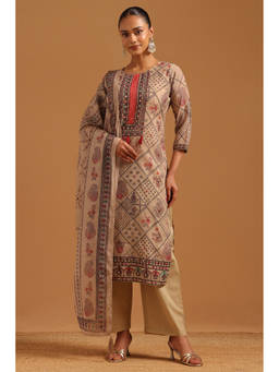 Soch - Beige Printed Mirror Work Kurta with Pant and Dupatta