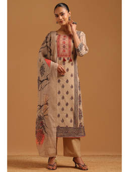 Soch - Beige Printed Mirror Work Kurta with Pant and Dupatta