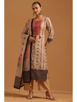 Soch - Beige Printed Mirror Work Kurta with Pant and Dupatta