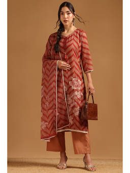 Soch - Rust Floral Embellished-Sequined Work Kurta with Pant and Dupatta