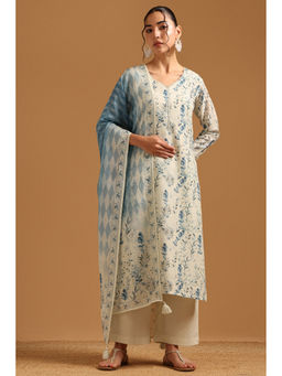 Soch - Off White-Blue Floral Printed Kurta with Palazzo and Dupatta