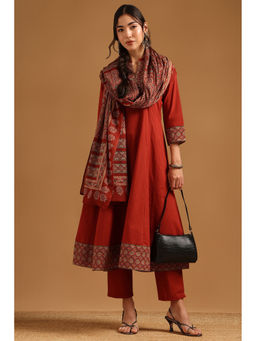 Soch - Red Printed Mirror Work Anarkali Kurta with Pant and Dupatta