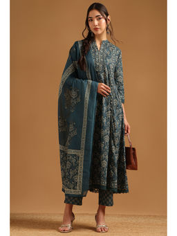 Soch - Teal Printed Anarkali Kurta with Pant and Dupatta