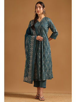 Soch - Teal Printed Anarkali Kurta with Pant and Dupatta