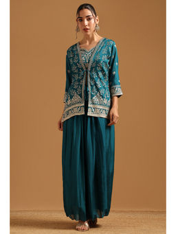 Soch - Teal Embroidered Zari Work Crop Top with Jacket and Palazzo