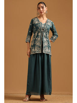 Soch - Teal Floral Embroidered Crop Top with Jacket and Palazzo