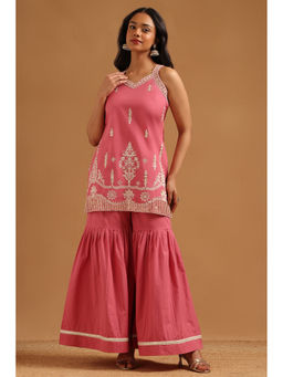 Soch - Pink Embroidered Sequined Work Kurti with Unstitched Sleeves-Sharara and Dupatta
