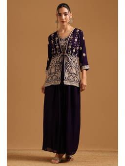 Soch - Purple Embroidered Sequined Work Crop Top with Jacket and Palazzo